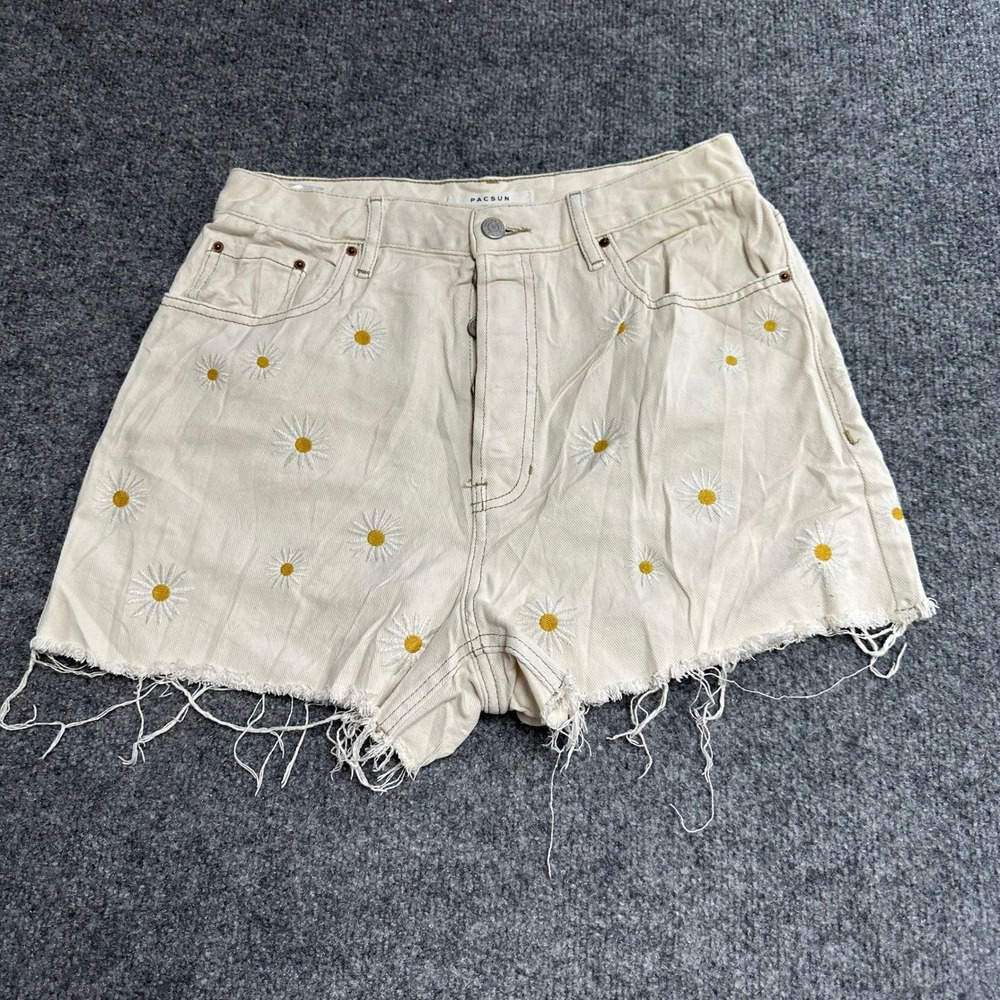 PacSun Shorts Womens Size 28 Cream Daisy Embroidered Raw Hem High Waisted Denim
